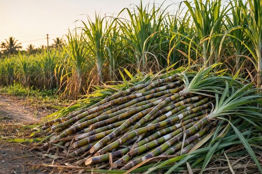 Freshly cut sugarcane stalks stacked, tall green plants stretching into background, warm golden hour sunlight, agricultural harvest, tropical farming landscape