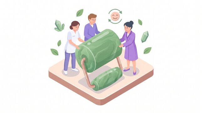 Isometric illustration of a beautician and client rolling a giant jade roller