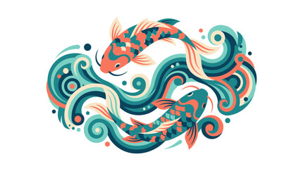 Fototapeta premium Koi fish illustration in traditional Japanese style shows two colorful carp swimming gracefully among swirling ocean waves.