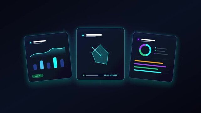 Panoramic dark spatial dashboard cockpit with radar spiderweb telemetry and frequency streams