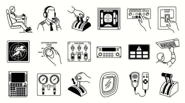 Aviation Cockpit Controls, Pilot, and Flight Instruments Line Art Icons Collection