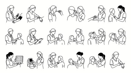 Fototapeta premium Medical Line Art Icons: Healthcare Professionals Performing Exams and Procedures