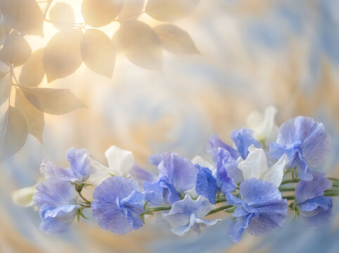 Beautiful soft focus background with delicate blue flowers and warm golden light rays for spring design