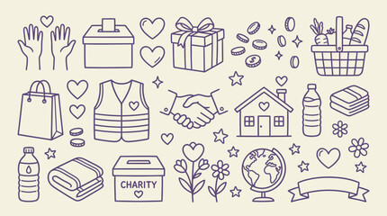 Fototapeta premium Collection of hand-drawn icons representing charity, donation, and community support.