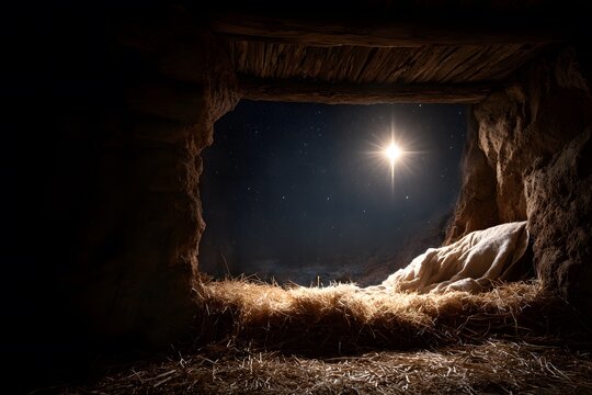 Empty stone stable manger with straw and blanket under a bright star in the night sky, nativity scene