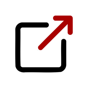 Black square outline icon with red diagonal arrow pointing outside vector graphic