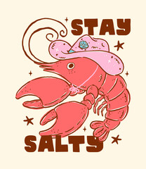 Naklejka premium Girly Summer Cowboy Lobster with Cowgirl Hat Sea Animals Groovy Retro Hand Drawn T Shirt Wall Art Printable Design
