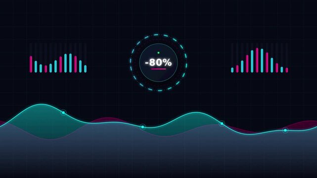 Cyber monday telemetry dashboard with traffic waveform and discount gauge