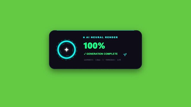 Advanced AI neural render processing hud progress loading panel animation seamless background overlay a high-tech digital interface showing artificial intelligence rendering progress, tensor