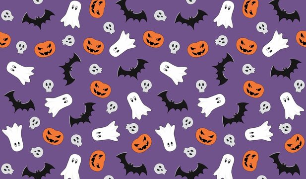 Halloween seamless pattern with ghosts and pumpkins on purple background