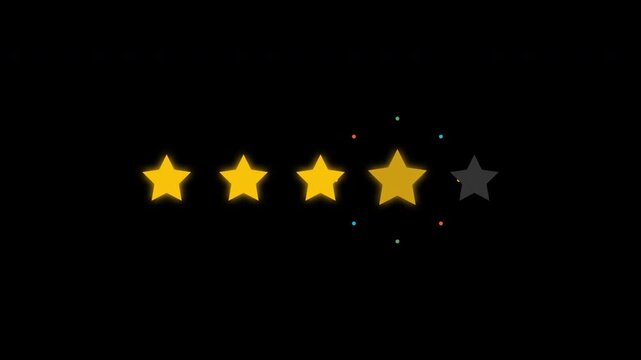 Five star rating review animation. Customer feedback 5 star rating. 4k animation video on black backgroud