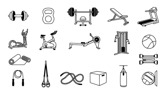 Fitness Gym Workout Equipment Icons Vector Set Black and White Line Art Outline Style for Health and Exercise