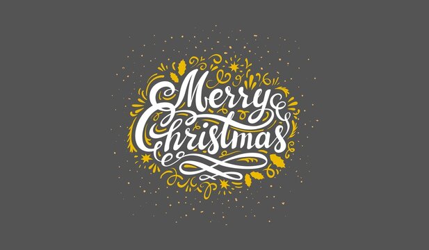 Merry christmas handwritten lettering typography with golden decorative elements