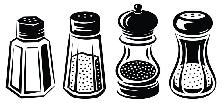 Salt pepper shaker with four minimalist condiment containers, hand drawn line art, kitchen seasoning accessories, isolated cutout vector illustration