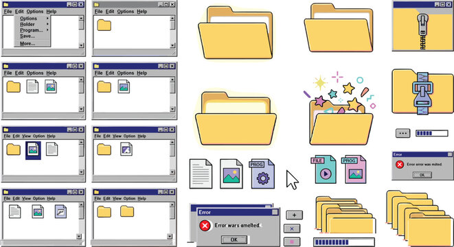 PrintRetro Desktop Computer Interface Element Set with Old Operating System Windows Yellow Folders Error Messages and File Icons for Nostalgic 90s Tech Graphic Designs