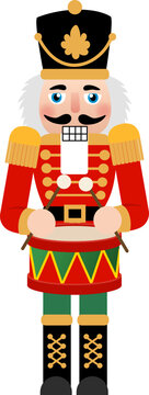 Nutcracker soldier toy drum uniform christmas illustration character festive traditional nutcracker soldier toy drummer red uniform with drum and mustache, festive Christmas decoration
