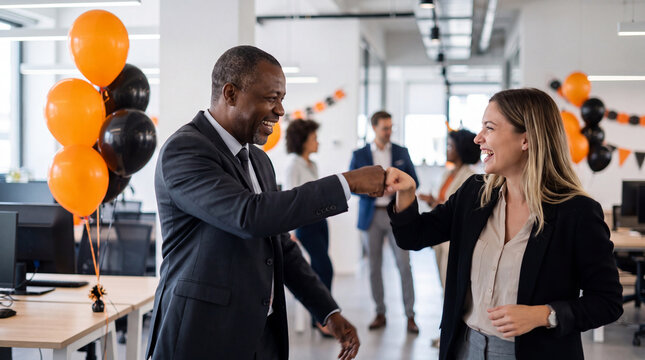 Halloween office celebration with two business colleagues fist bumping near orange balloons features a corporate banner