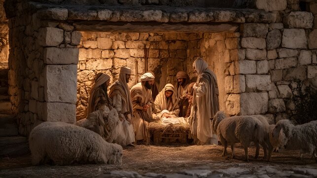Traditional nativity scene with baby jesus in a manger, mary, joseph, and shepherds in a stone stable