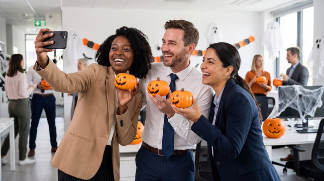 Halloween workplace fun with three colleagues taking selfie with mini pumpkins features a corporate social post