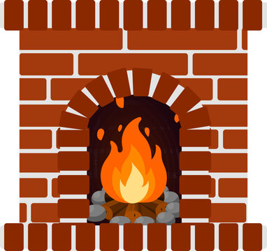 Fireplace fire flame brick hearth masonry Brick fireplace with glowing fire flame inside arched hearth, warm rustic home interior decoration concept, cozy winter heating with wood log and ember