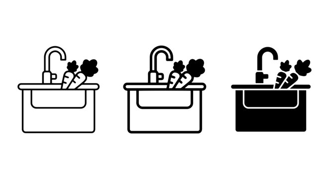 Kitchen Sink with Carrots, Fresh Produce Washing Icons, Healthy Food Preparation Vector Set