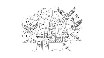Obraz premium Magical Castle and Owls Line Art with Stars and Moon, Transparent Background