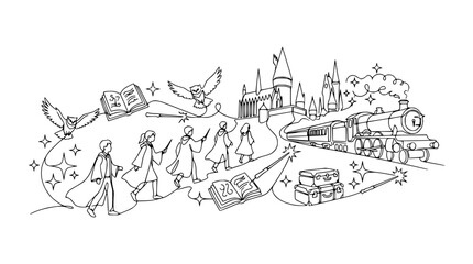 Fototapeta premium Magical School Journey: Students, Owls, Castle, Train, Books, Wands, Stars