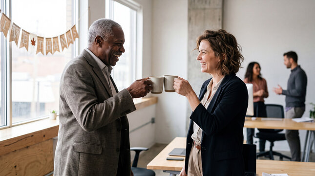 Thanksgiving office celebration with two colleagues toasting mugs features a corporate social media post