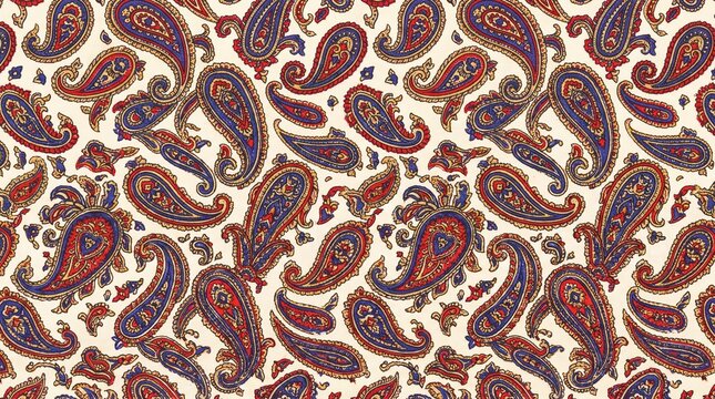 Seamless Vintage Paisley Pattern with Blue and Red Ornaments on Cream Background