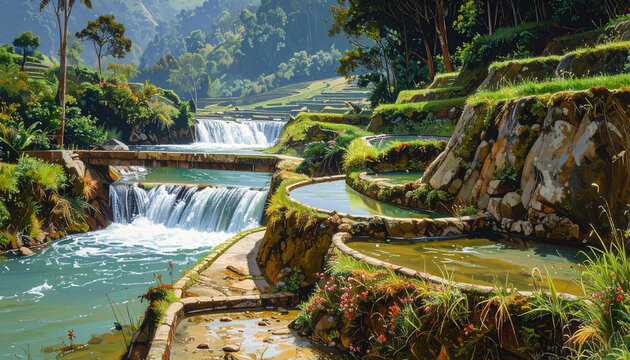 Terraced waterfalls landscape