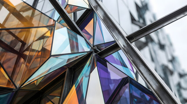 Abstract architectural macro photography featuring colorful dichroic glass panels and structural steel beams in a geometric deconstructivist design.