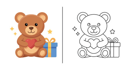 Fototapeta premium Cute Teddy Bear Holding Heart Near Gift Box, Coloring Page Vector