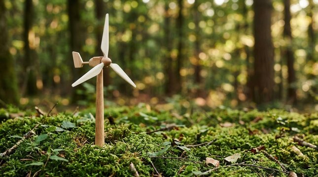 Miniature wooden wind turbine on moss