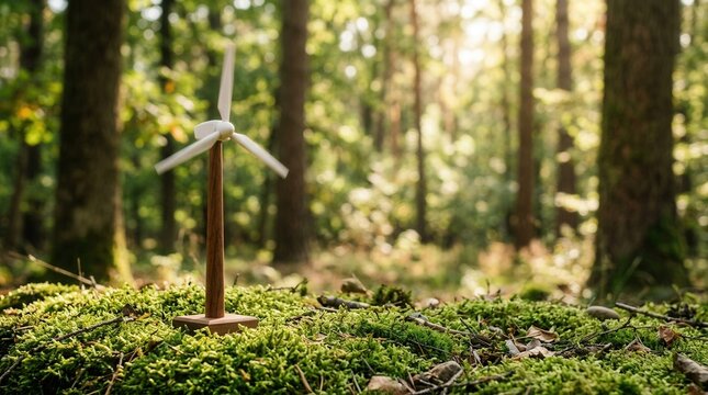 Miniature wind turbine on mossy forest floor