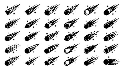 Comet Icons Set, Shooting Stars and Meteorites, Space Objects © hefty