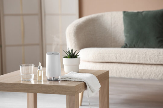 Wellness and self care at home, essential oil diffuser with water and plant on a wooden table in a cozy living room