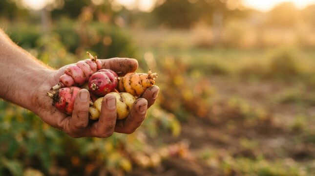 Farmer holding freshly harvested colorful oca tubers in hands at sunset agriculture concept
