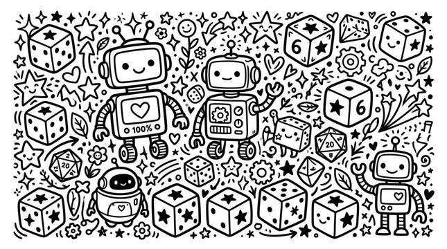 Cute Robots and Dice Doodle Art: Playful Characters and Game Elements