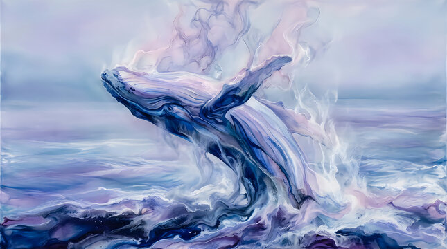 A majestic humpback whale breaching the surface of the ocean in a beautiful artistic watercolor painting style