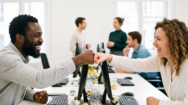 Two colleagues are fist-bumping and laughing at a New Year decorated office desk, playful teamwork celebration for internal social media posts
