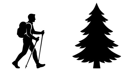 Naklejka premium Hiking Traveler Walking with Trekking Poles and Pine Tree Silhouette