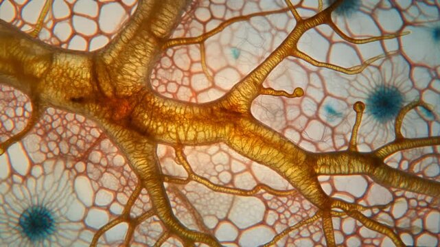 Microscopic-inspired visualization of mycorrhizal fungal hyphae interacting with plant root cells, representing root colonization, beneficial fungi, soil microbiology, plant science, and nutrient exch
