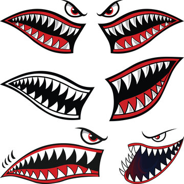 Bomber Shark Mouth Silhouettes Set, Flying Tiger Decal, Shark Mouths Vector, Bomber tigers shark mouth SVG, Shark Mouth and Eye Illustration