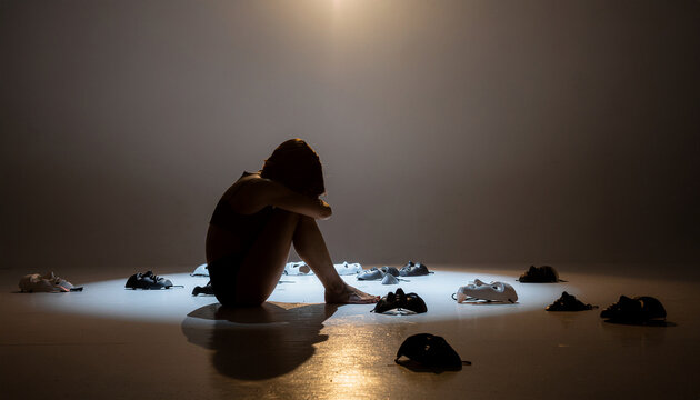 Person sitting on floor surrounded by many masks in dramatic spotlight