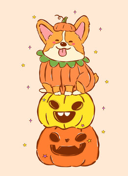 Cute kawaii Halloween corgi dog pumpkin playful hand drawn doodle