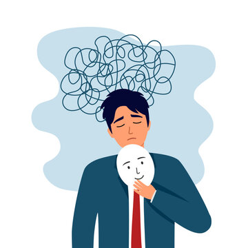 Man suffers from obsessive thoughts, unresolved issues, psychological trauma,  depression. Mental stress mind disorder illustration vector illustration.