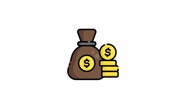 Clean vector icon of financial assets, featuring a money bag with currency and a stack of golden coins, representing wealth, savings, and investment success