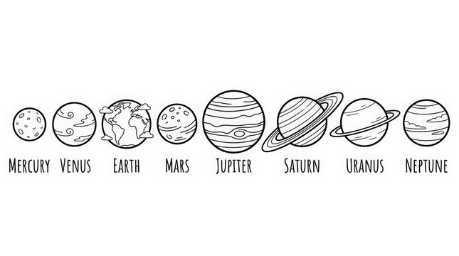 Eight Planets of the Solar System Line Art Composition