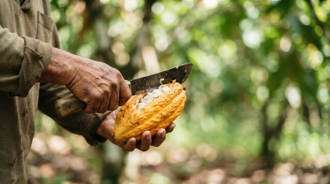 A male farmer harvesting and opening a fresh yellow cocoa pod with a machete in a plantation field