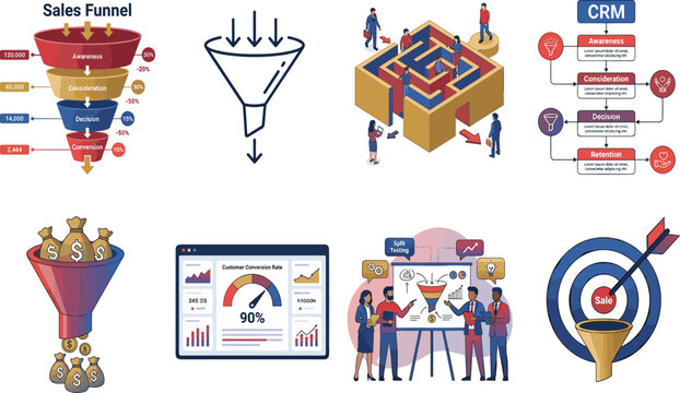 Sales funnel and CRM marketing icon set featuring customer journey charts optimization metrics split testing and target conversion concepts